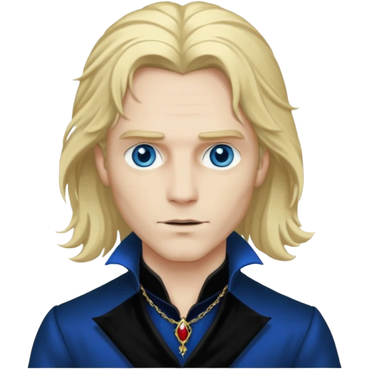 Lestat de Lioncourt with white skin, blue eyes , long blonde hair, black outfit emoji