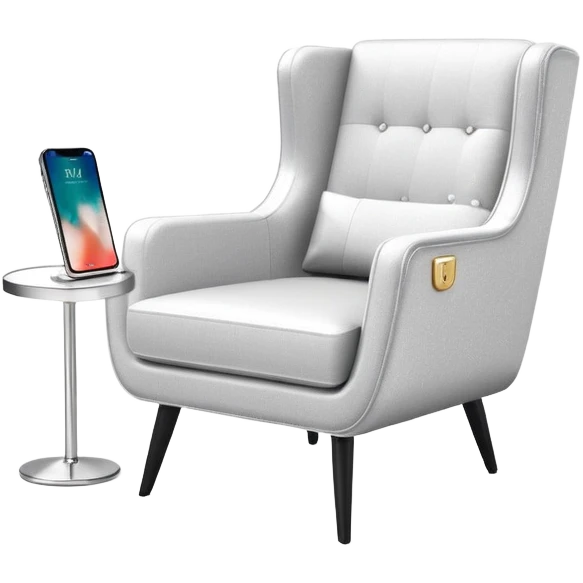 angled smartphone in foreground with clear display of an armchair product page on the screen, with sparkle on the left side emoji