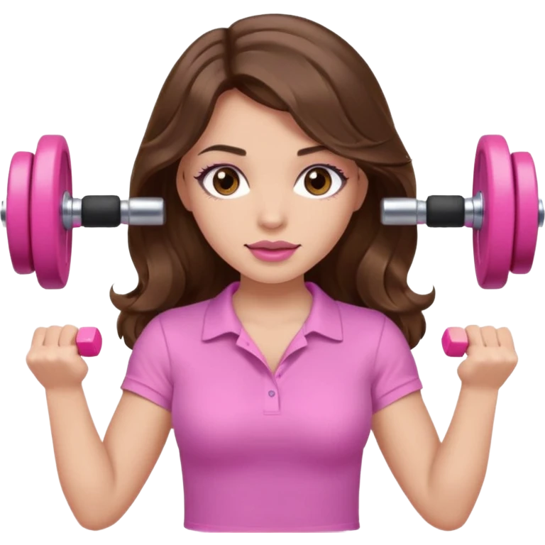 girl with wavy long brown hair, brown eyes, light to medium complexion, long lashes, light pink lipstick, wearing light pink shirt, lifting a pink dumbells emoji