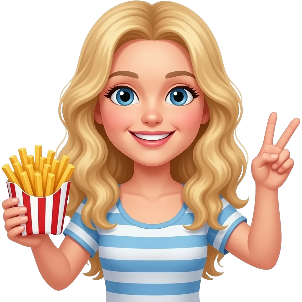 Blonde lady crimped wavy hair middle part mid back long holding french fries in a stripped red and white holder throwing up peace with innocent smile emoji