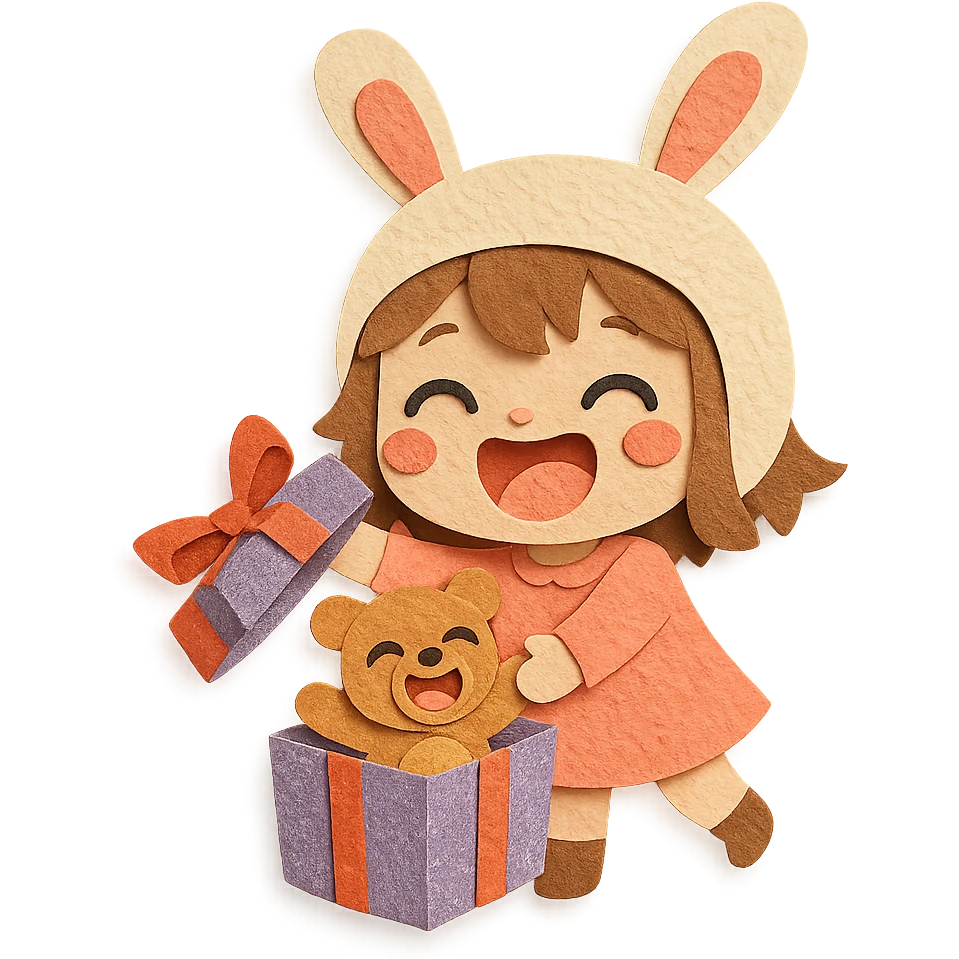 full-body laughing chibi girl in bunny hat opening glittery gift box with laughing teddy bear inside, paper-craft style emoji