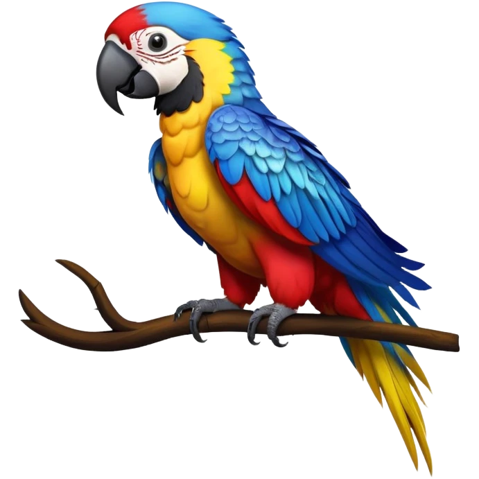 cinematic-macaw-realistic-full-body-standing-emoji,-vibrant-feathers-glowing-with-rich-reds,-blues,-and-yellows,-head-tilted-dramatically,-curved-black-beak-gleaming,-piercing-dark-eyes-exuding-confidence,-simplified-yet-realistic-focused emoji
