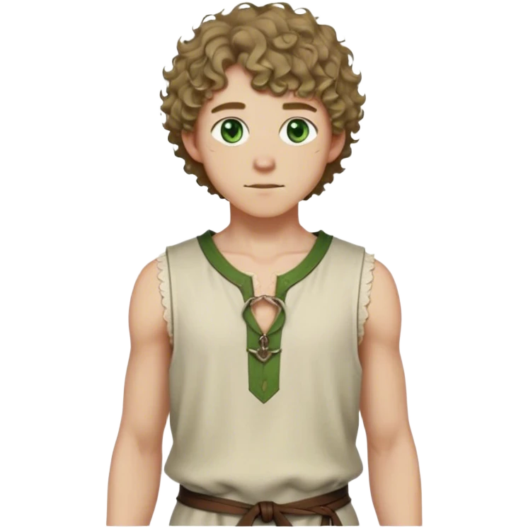medieval summer outfit worn by a DnD themed fantasy male character. thin, sleeveless wool tunic with a small keyhole opening at the neckline, tied shut with a leather string. clothes only above the waist. The clothes full waist. The character's haven't arms. character is white-skinned, dark blonde hair, green eyes, short curly hair. emoji