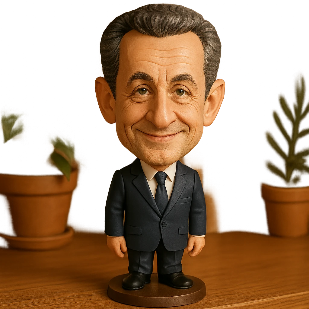 bobblehead style figure of Nicolas Sarkozy, French politician, suit and tie, oversized head, friendly expression emoji