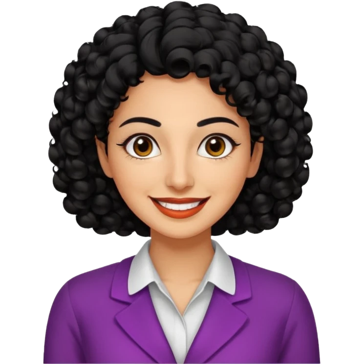 30 year old iranian woman very short curly black hair, big brown eyes, tanned skin, big smile, white teeth, pretty, stylish, shorter hair, boy cut hair, nice clothes emoji