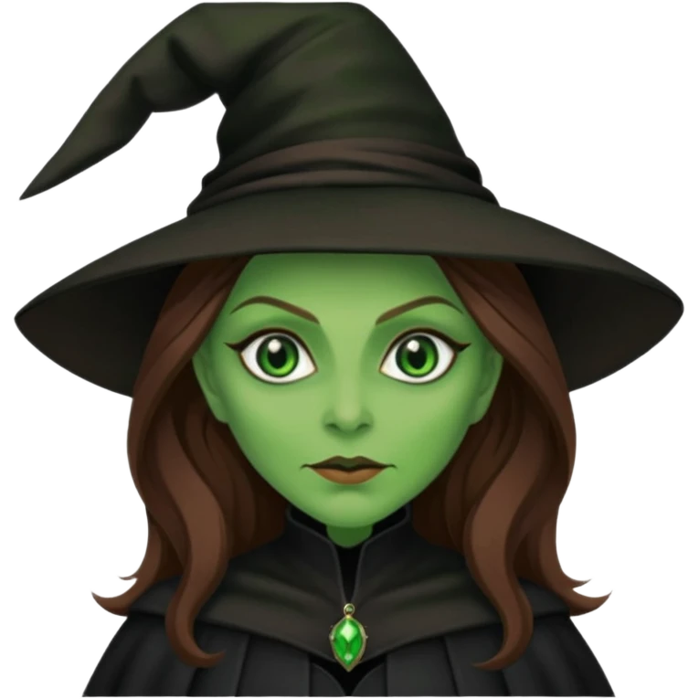 Wicked Witch of the West from the Wizard of Oz with green skin and eyes, brown long hair, black outfit emoji