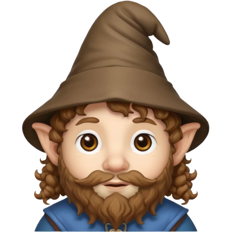 Gnomo con capelli ricci marroni, occhi marroni e cappello a punta emoji