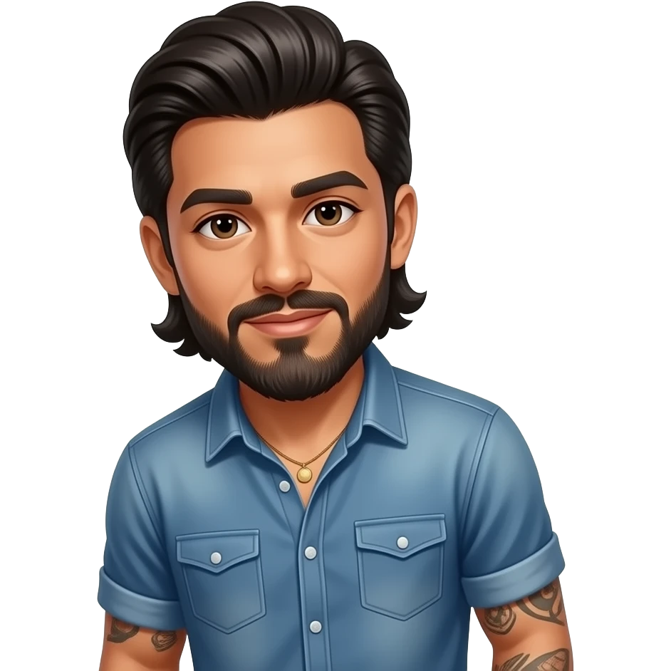 Kawaii style Handsome Latino, man with slicked back medium length hair and tattoos with a long beard  with a text cloud saying you’ll never know emoji