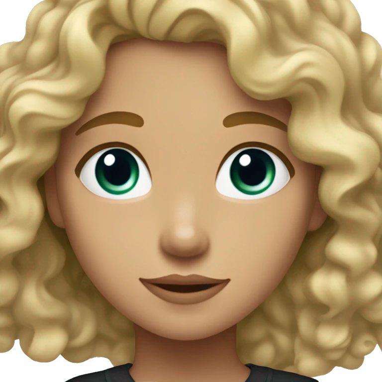 A girl with medium blonde wavy ish curly hair and blue eyes with a hint of green and a black shirt emoji