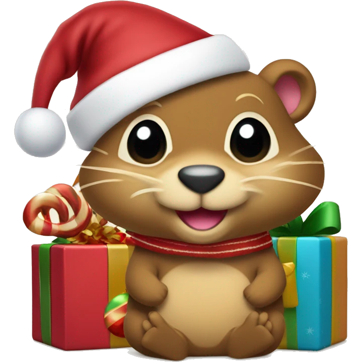 “Create an emoji of a cheerful gopher like Goldy the Gopher from the University of Minnesota, wearing a festive Christmas hat and scarf, surrounded by ornaments, candy canes, and wrapped presents in a colorful holiday theme.” emoji