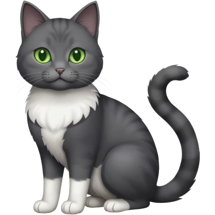 full body view of beautiful female solid dark grey cat with green eyes, white toes/paws and white patch on her chest emoji