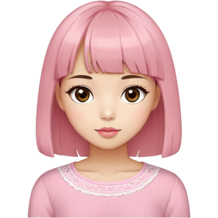 Cute East Asian girl, soft fair skin with blush on cheeks, big brown eyes with long lashes, natural pink lips, inward brown bob with straight bangs. Wearing a stylish pink knit top with ribbon details and subtle lace trim, holding a abyssinian emoji