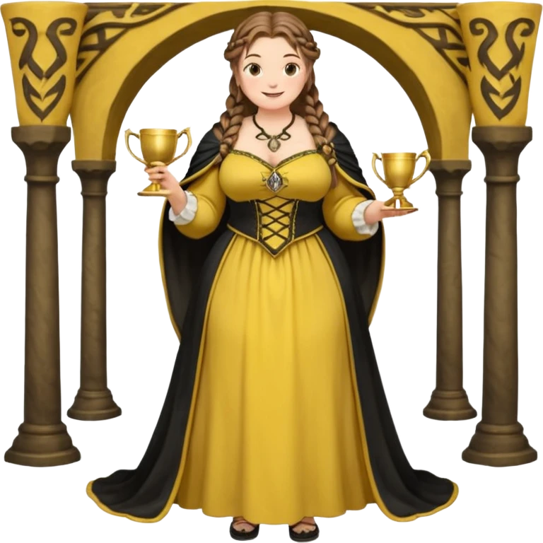 Helga Hufflepuff,brown-haired,2 braids,yellow-black medieval open dress,deep neckline,fat macromastia,black cloak decorated with gold braiding,gold cup with two handles,very kind smile,curvy busty sweet woman,round rosy cheeks,full length with medieval shoes emoji