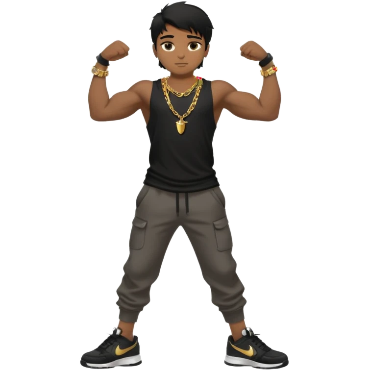 full side body close up view of muscular 13yo boy with veiny hands arms and biceps. has messy black hair with dark-tan skintone with black tshirt. has gold chain and nike shoes with baggy pants emoji