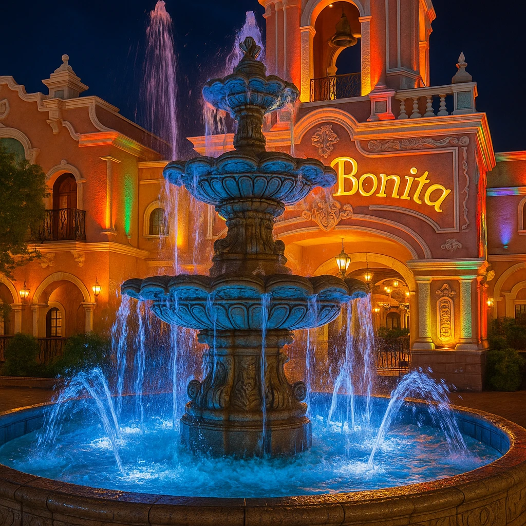 Casa Bonita Fountain, detailed, vibrant, iconic, water splashing, architectural focus emoji