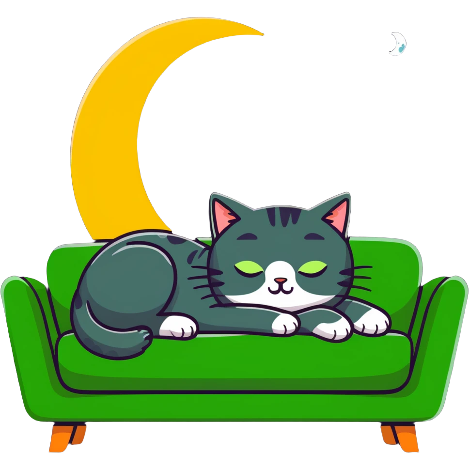 tricolor fluffy cat with big green eyes sleeping on a sofa with a moon above her emoji