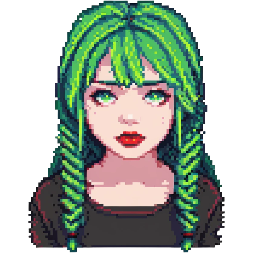 girl with green hair like Billie Eilish and red lipstick, pixel art style emoji