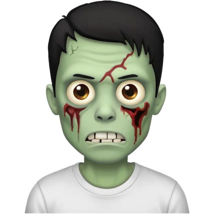 Rosto de frente classico de zombie boca meio torta cabelos medios pretos low fade com pele verde clara camiseta branca emoji