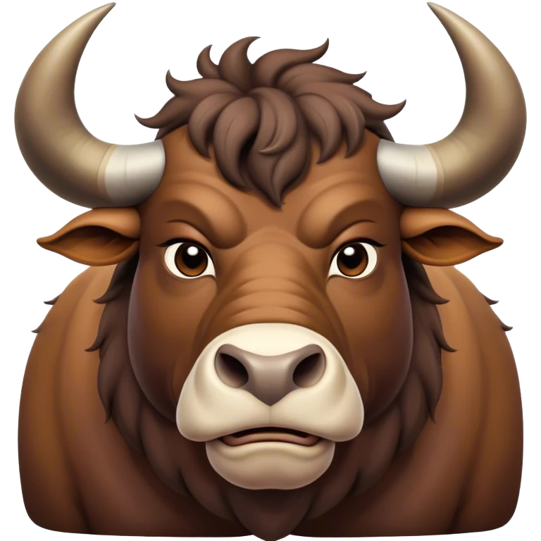 Cinematic Noble Domestic Ox Portrait Emoji, Poised and stalwart, with a massive, muscular build and a thick, smooth hide in deep earthy tones, prominent, curved horns, and steady, soulful eyes, Simplified yet sharp and sophisticated features, highly detailed, glowing with a warm, dignified glow, high shine, intelligent and dependable, stylized with an air of timeless strength, focused and attentive, soft glowing outline, capturing the essence of a watchful and confident ox that feels as though it could plod out of the screen with effortless authority! emoji