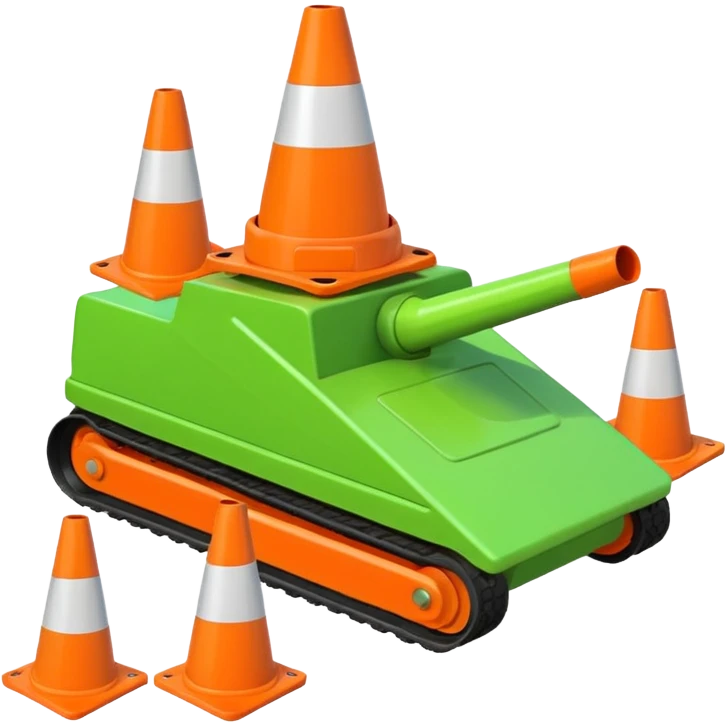 green tank with its treads flattening traffic cones directly underneath, emoji style emoji