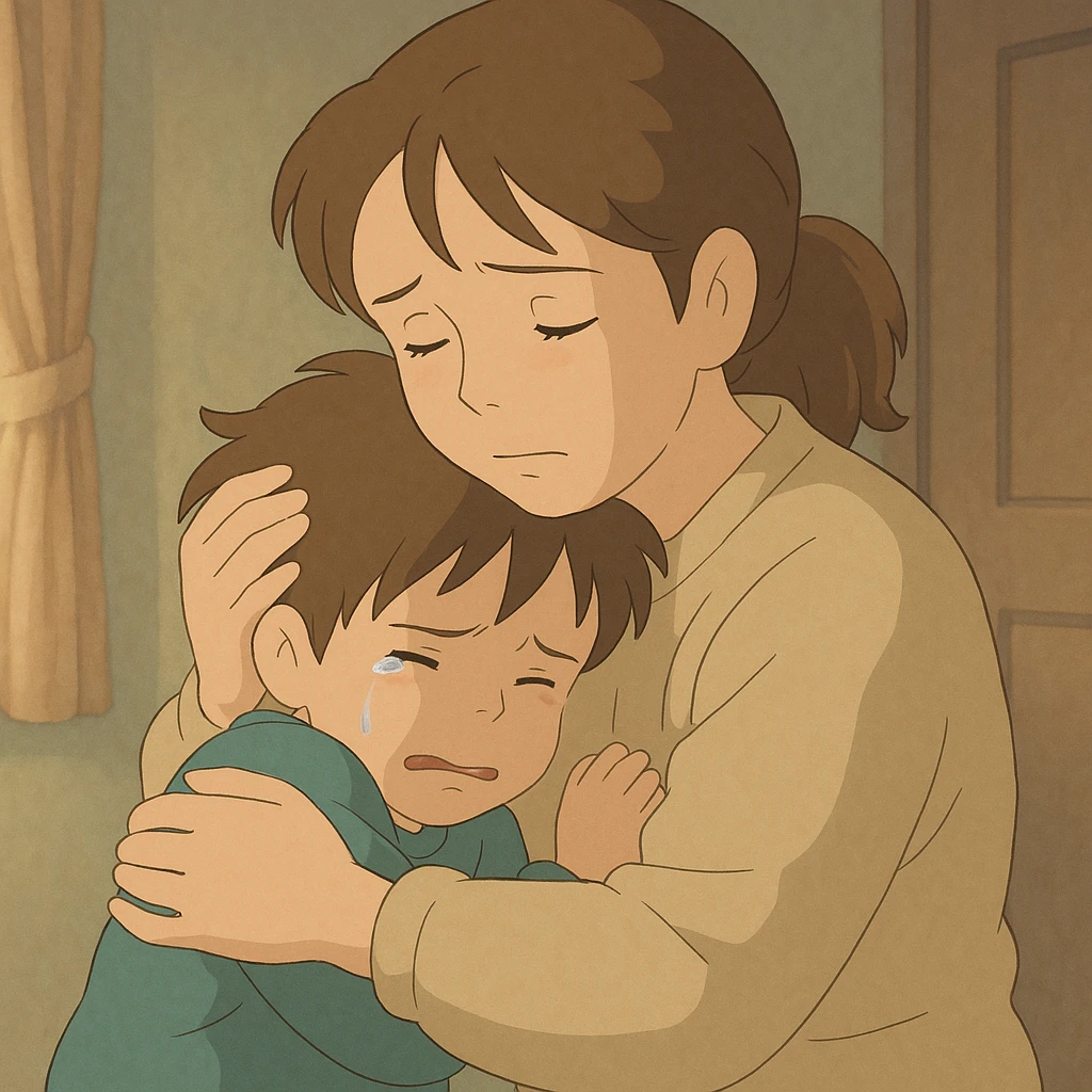 mother hugging sad child, soft colors, emotional scene emoji