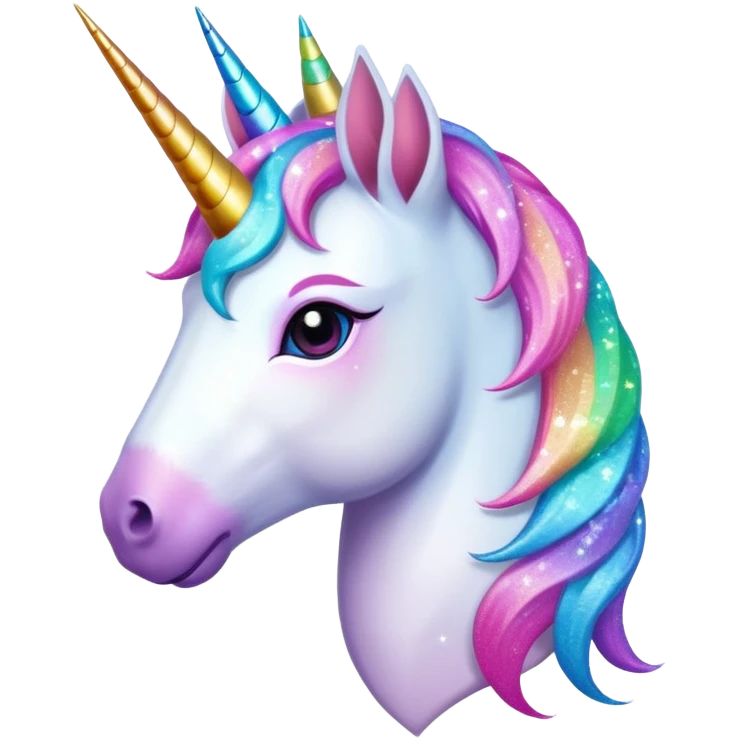 Unicorn, with sparkly horn, futuristic colored glitter hair emoji