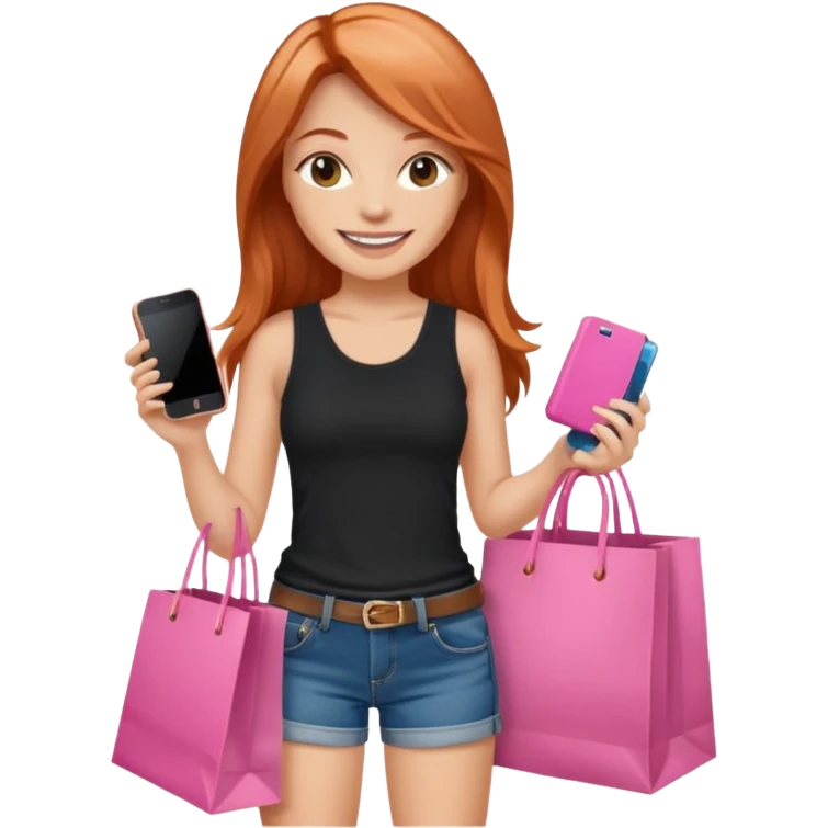 Mujer joven blanca de contextura media sonriendo con cabello largo cobrizo vestida con top negro y short de jean con bolsas de compras rosas y un celular emoji