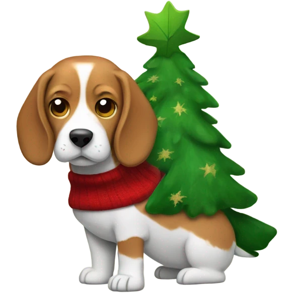 Beagle wearing a red Christmas sweater with a green tree in the front  emoji