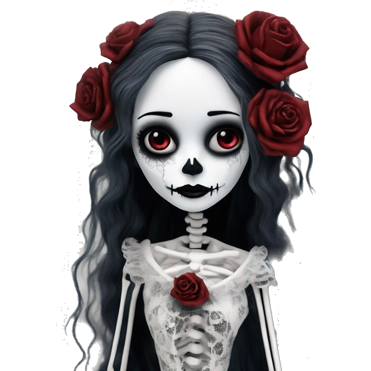 hyper realism, full height skeleton, tim burton "corpse bride", thin porcelain doll with a cracked face, goth makeup watery eyes, long hair, lace and ruffles, lolita style, inked, black and white, red roses emoji