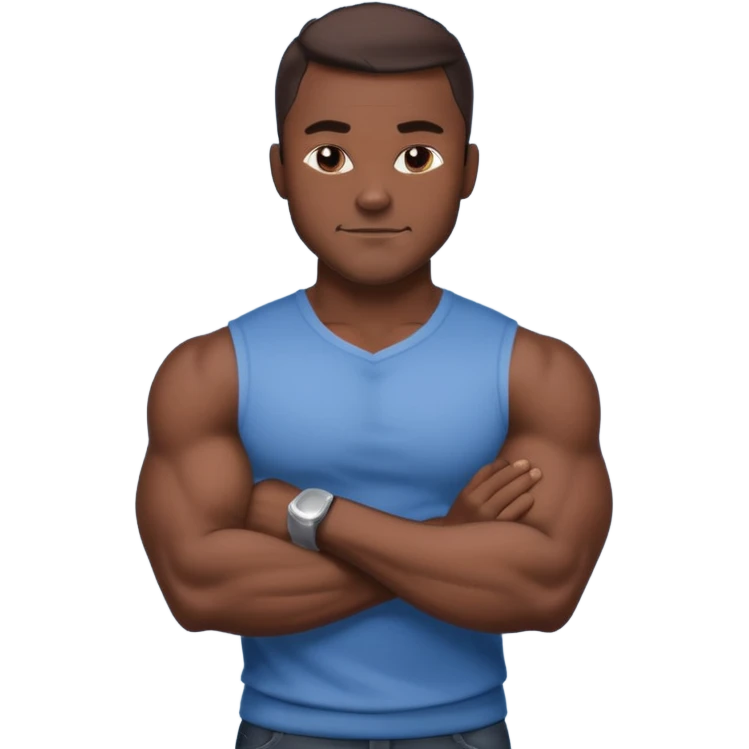 Adult male, dark skin, muscular build, confident smirk, arms crossed, sleek modern casual clothing, assertive pose, strong silhouette, bold shading. emoji