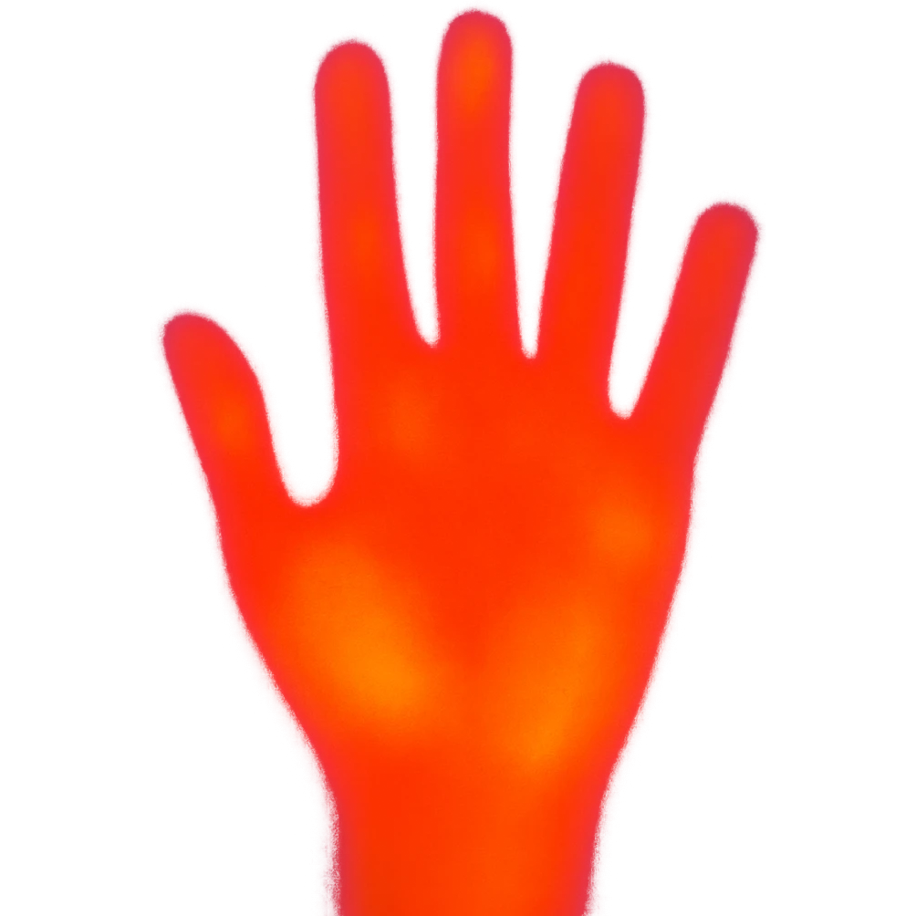 A hand with a thermal camera effect in emoji style, red color emoji
