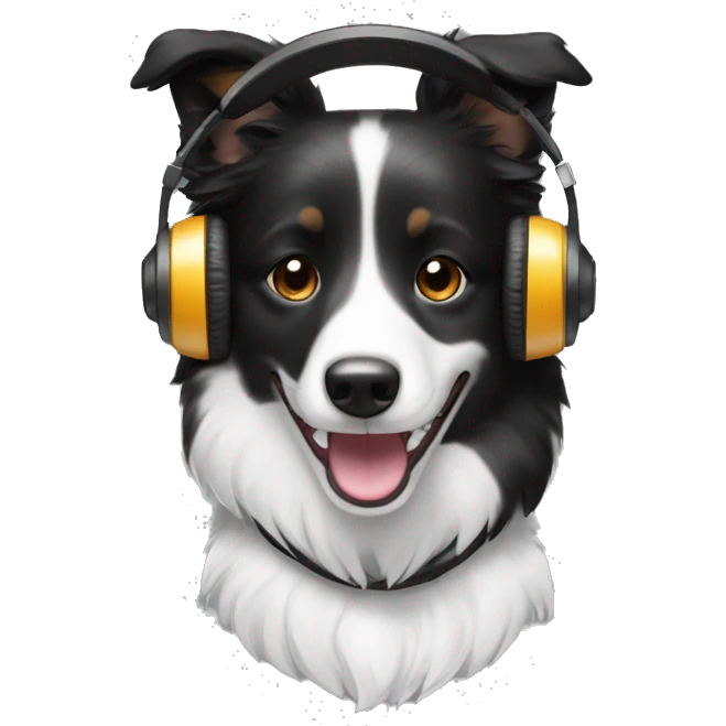 Short hair border collie black and white fur smiling and wearing headphones emoji