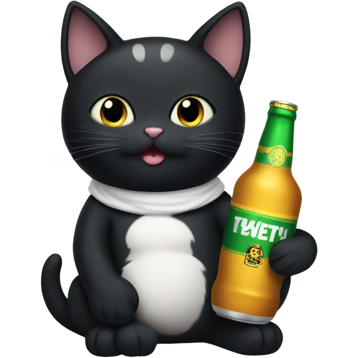 Black cat with white spots holding a beer emoji