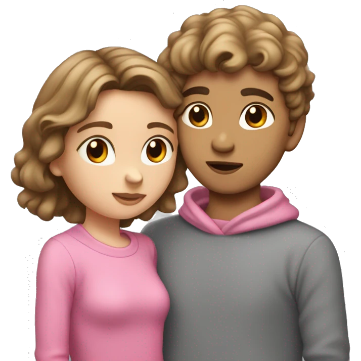 brown hair girl in pink sweather kissing boy with dark blonde hair with middle part in grey sweather  emoji