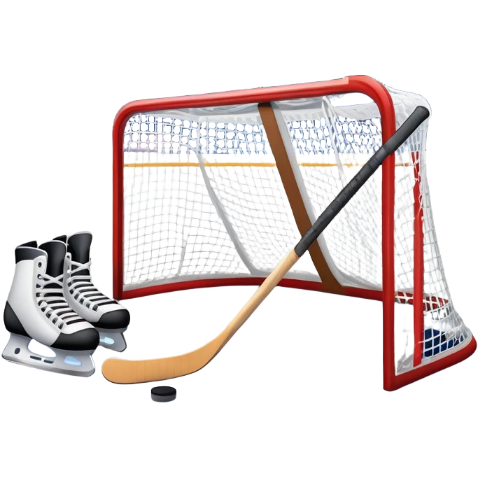 Please, make An icon showing a close-up of a hockey stick, puck, skates, and hockey net placed on the ice. The background features a packed stadium with bright lights, cheering fans, and snowy scenery outside. Transparent background highlights the key elements of the game. emoji