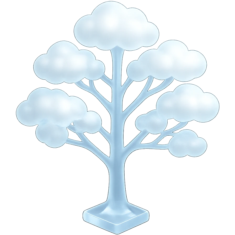 one tree with many branches and a white trunk, crown made of small very bright white fluffy convex clouds, matte glass style emoji