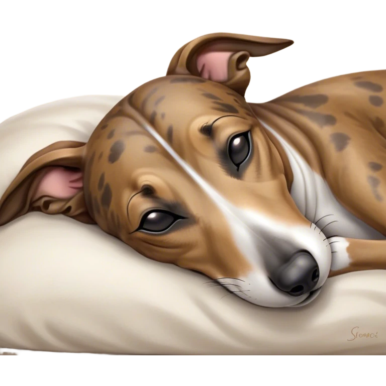 Meme-Worthy Cute Sleeping Brindle Greyhound Portrait Emoji, Head resting peacefully with a contented smile, showcasing a slender build and a luxuriously smooth brindle Fur, eyes shut in a serene nap, Simplified yet hilariously adorable features, highly detailed, glowing with a soft, drowsy light, high shine, relaxed and utterly lovable, stylized with an air of playful laziness, bright and heartwarming, soft glowing outline, capturing the essence of a comically sleepy racer, so meme-worthy it feels like it could instantly become the next viral sensation of adorable slumber! emoji