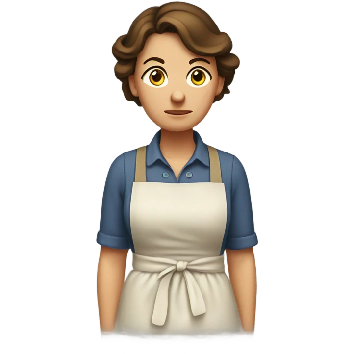 "A middle-aged woman with tired eyes, brown hair tied back, and a warm but worried look. She wears a simple dress with an apron." emoji