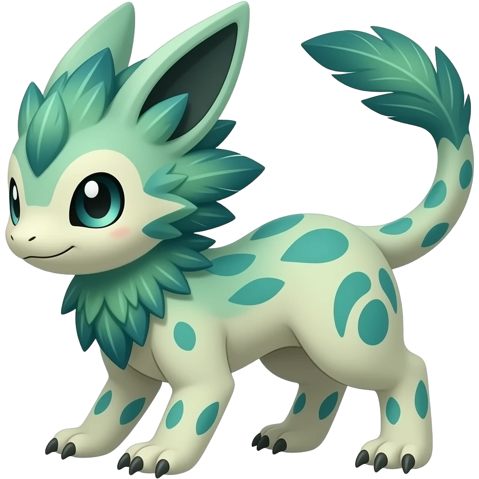 Feathery speckled flecked Japanese oriental asian painted Greenish beautiful handsome gorgeous aesthetic colorful vibrant Vernid-Trico-species-Fakemon-creature by LiLaiRa, 4 legs, 1 tail, random markings, (full body) emoji