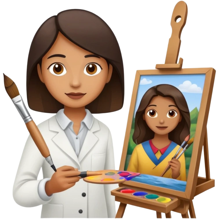 Artist with a paintbrush in front of an easel with a painting emoji
