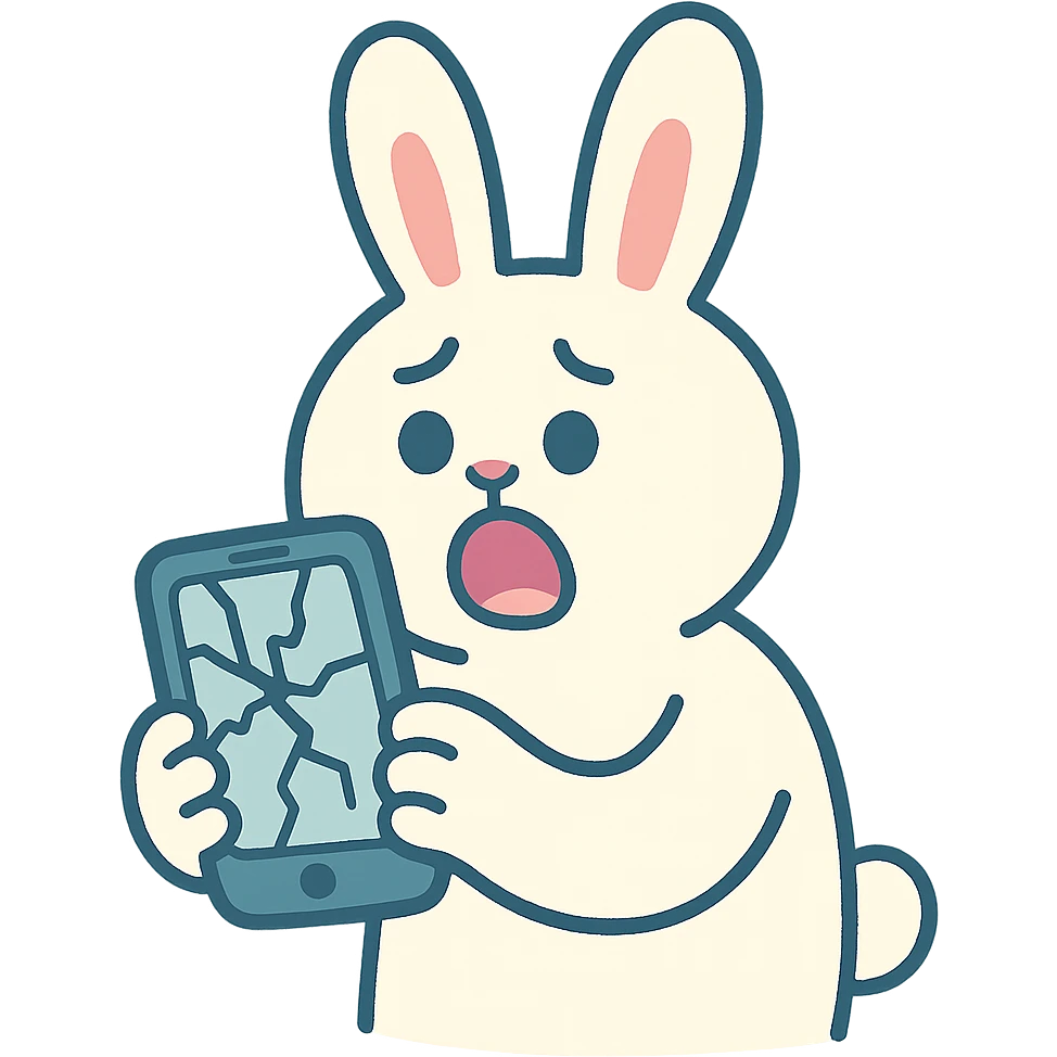 white bunny holding cracked phone with shocked face, pastel-toon style emoji