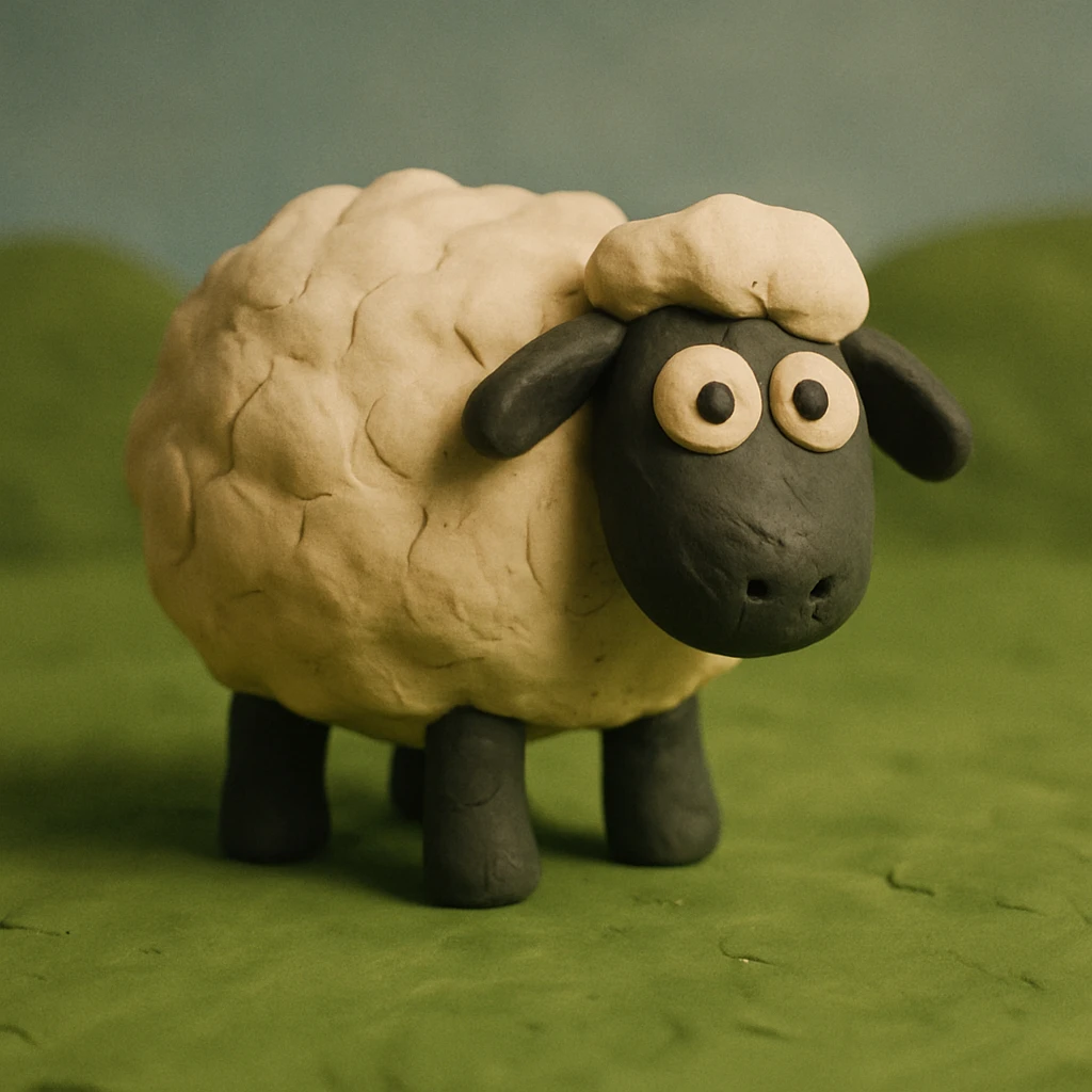 fluffy sheep standing on green grass, visible fingerprints, matte plasticine look, claymation style emoji