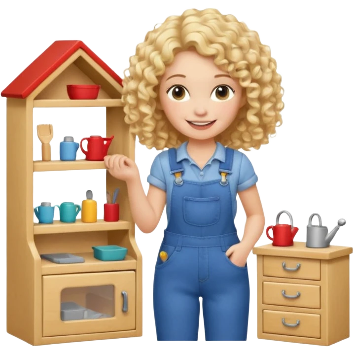 smiling blonde curly woman arranging furniture in doll house with overalls emoji