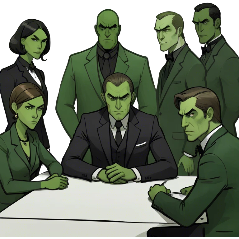 6 Caucasian people sitting around a table looking unhappy emoji