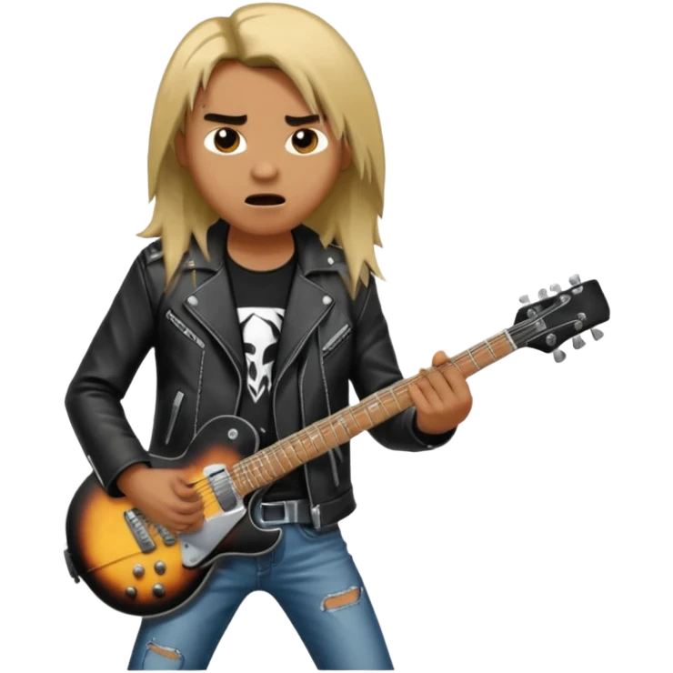 3D Apple-style emoji of a metal musician. Long hair, black leather jacket, ripped jeans, holding an electric guitar. Intense expression, glossy, rounded, smooth, soft shadows, white background.










 emoji