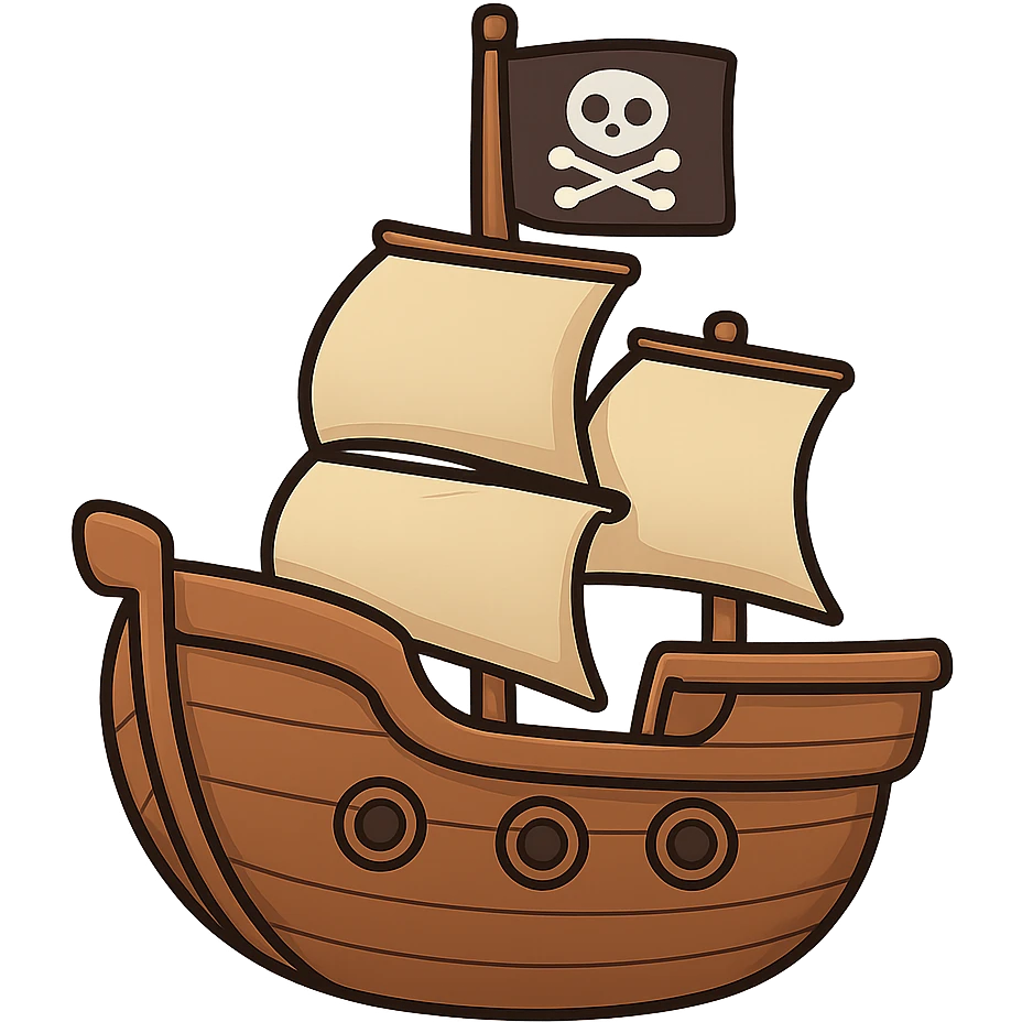 A cute pirate ship with sails, jolly roger flag, and wooden hull in a playful chibi style emoji