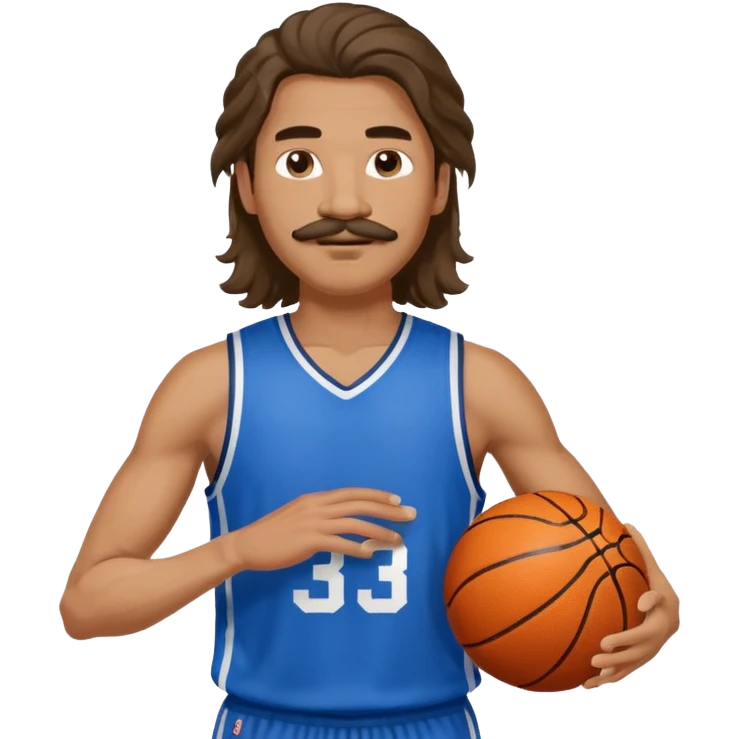 long haired man basketball player blue jersey with mustache holding basket ball emoji