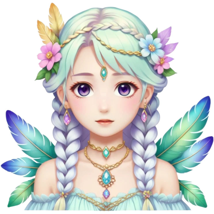 Beautiful gorgeous anime lady with beautiful iridescent-white-braided-hair, fashion aesthetic, ethereal, fairycore, pastelcore, feathers, flowers, gems, accessories, jewelries, gold, colorful emoji