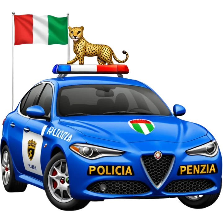 crea auto di servzio alfa romeo giulia colore nero con la scritta sul lato polizia penitenziaria e la un leopardo e la bandiera italiana emoji