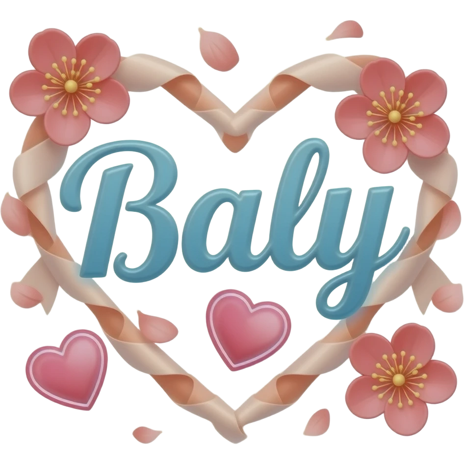 A sleek, sky blue text 'Baly' decorative symbols of flowers, adorned with satin ribbons and glowing neon-pink hearts. Surrounded by floating red blossom petals and golden bokeh. Vibrant, modern, and feminine with a cinematic glow emoji